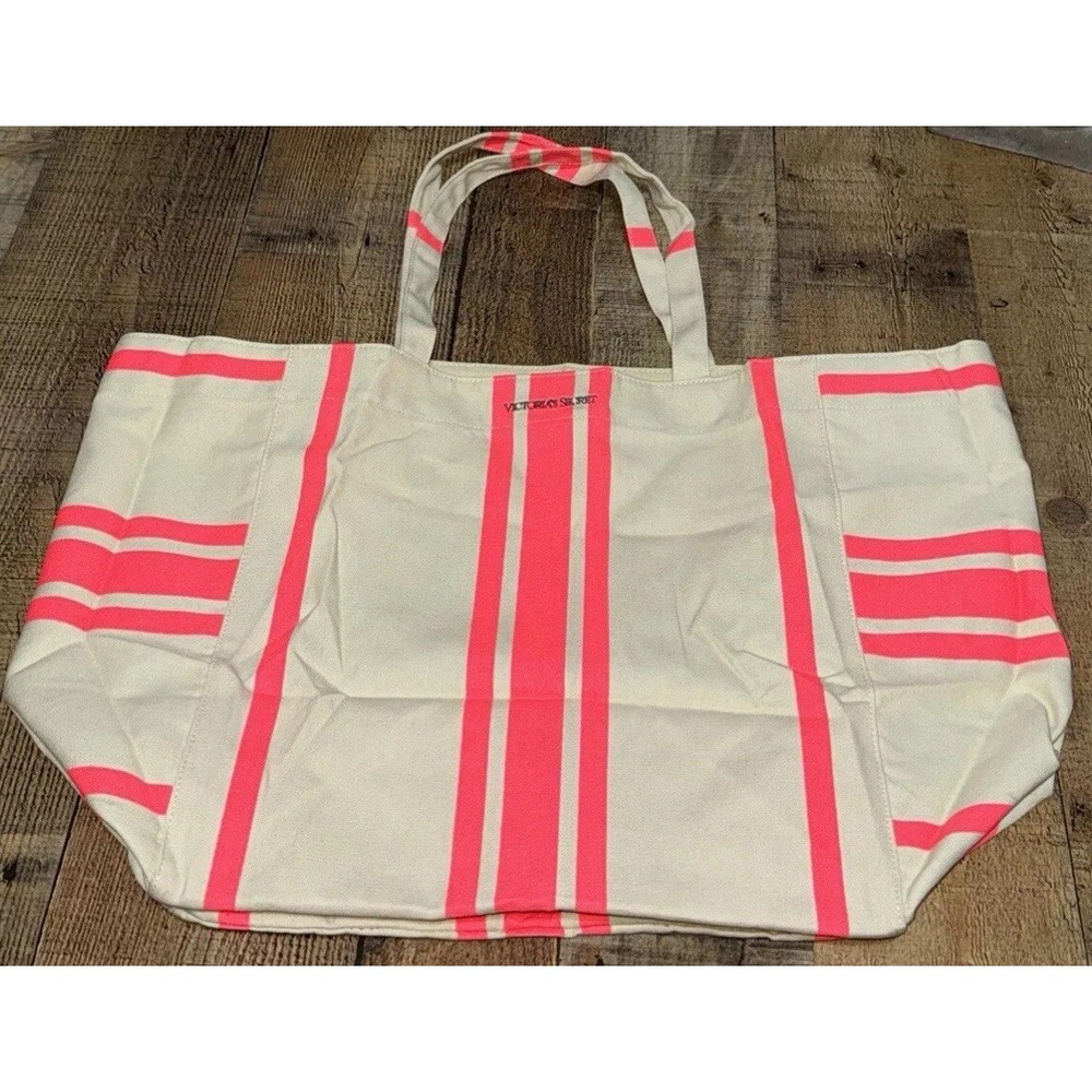 Victoria's Secret XL Large Canvas Carryall Beach Tote Neon Pink Stripe Weekender